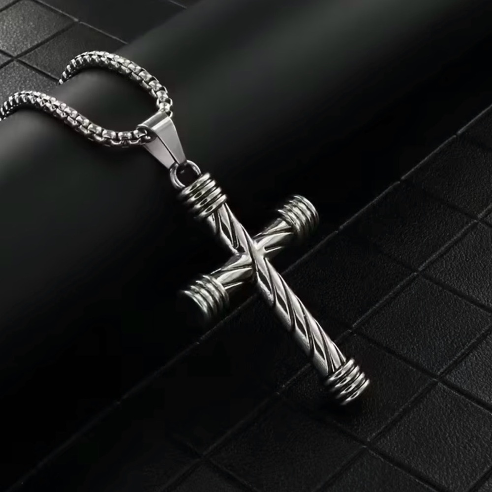 Titanium Steel Twisted Cross Pendant Necklace - Silver
